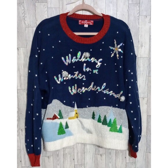 33 Degrees Ugly Christmas Sweater Metallic 'Walking In A‎ Winter Wonderland' XL - Picture 1 of 4
